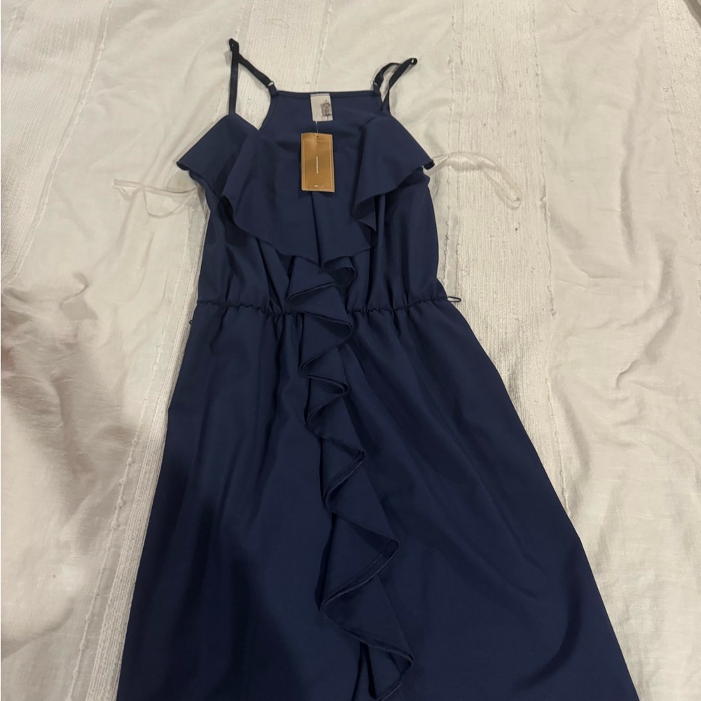 Francesca's Collections Blue Asymmetrical Ruffled Midi Dress